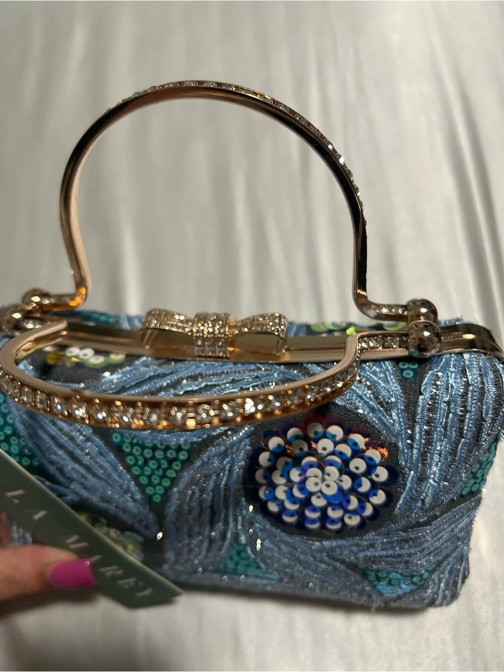 Blue Sequin Embellished Top-Handle Clutch